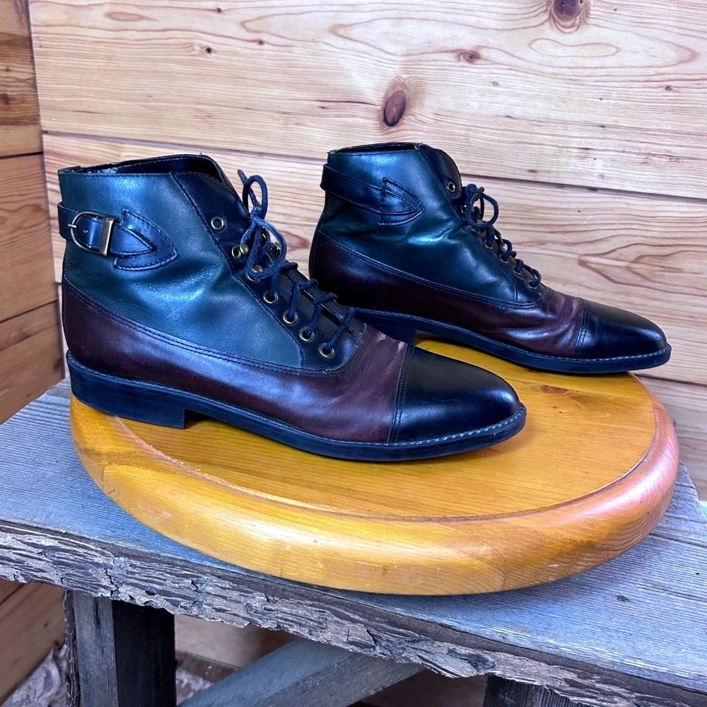 Vintage Tri-Color Leather Lace Up Ankle Boots Made in Brazil Green Burgundy 9M - Picture 1 of 9
